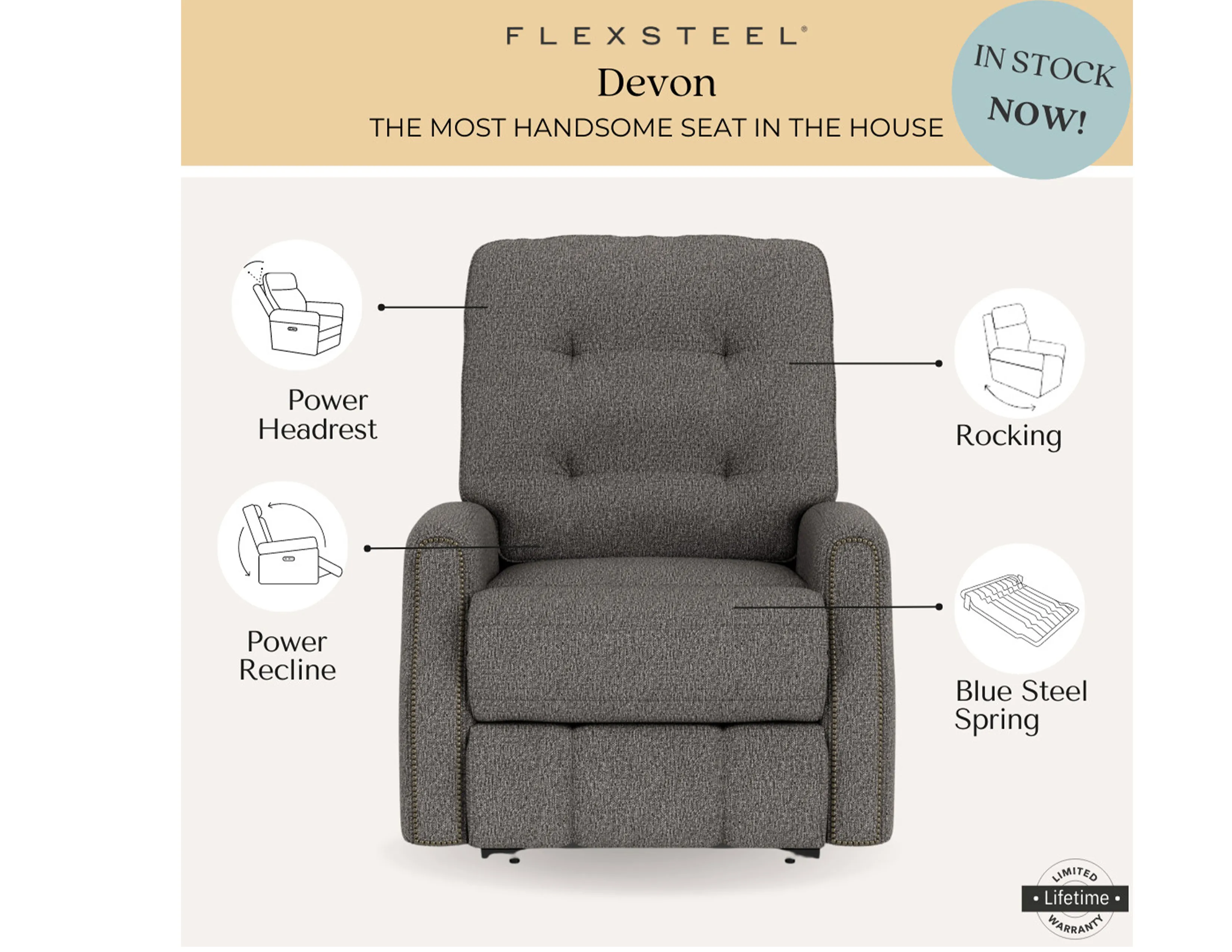 Devon Fabric Power Rocking Recliner with Power Headrest (In stock) 5 Devon Fabric Power Rocking Recliner with Power Headrest (In stock)