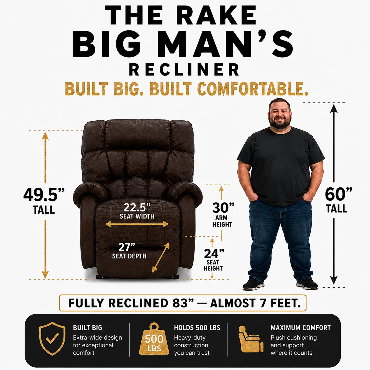 Rake Beast Faux Leather Big & Tall Big Man's Recliner (RATED 500 LBS.) Football Size (+30 faux leathers) 4 Rake Beast Faux Leather Big & Tall Big Man's Recliner (RATED 500 LBS.) Football Size (+30 faux leathers)