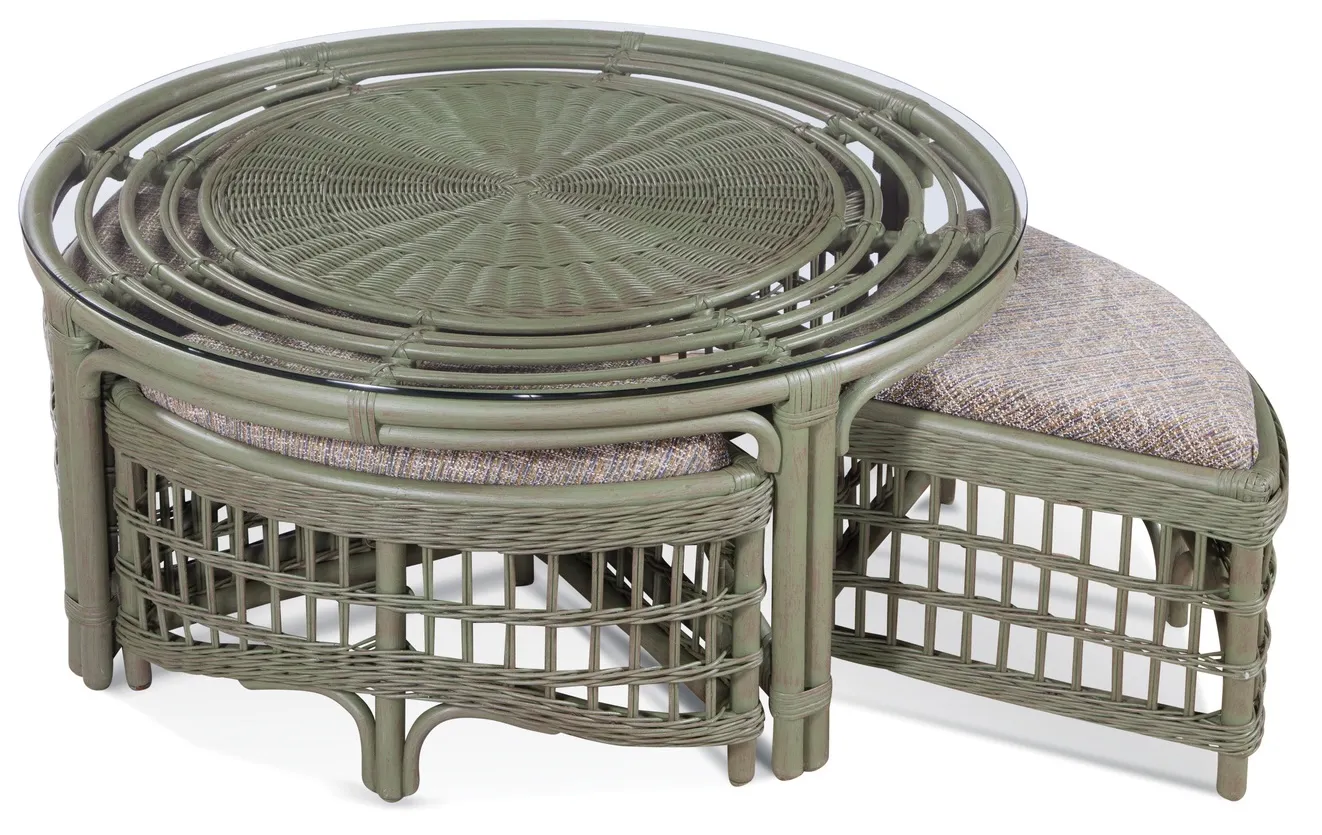 Raffles 42" Rattan Round Cocktail Table with Four Benches (+28 finishes +69 fabrics) 1 Raffles 42" Rattan Round Cocktail Table with Four Benches (+28 finishes +69 fabrics)