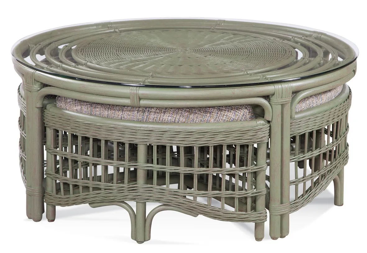 Raffles 42" Rattan Round Cocktail Table with Four Benches (+28 finishes +69 fabrics) 2 Raffles 42" Rattan Round Cocktail Table with Four Benches (+28 finishes +69 fabrics)