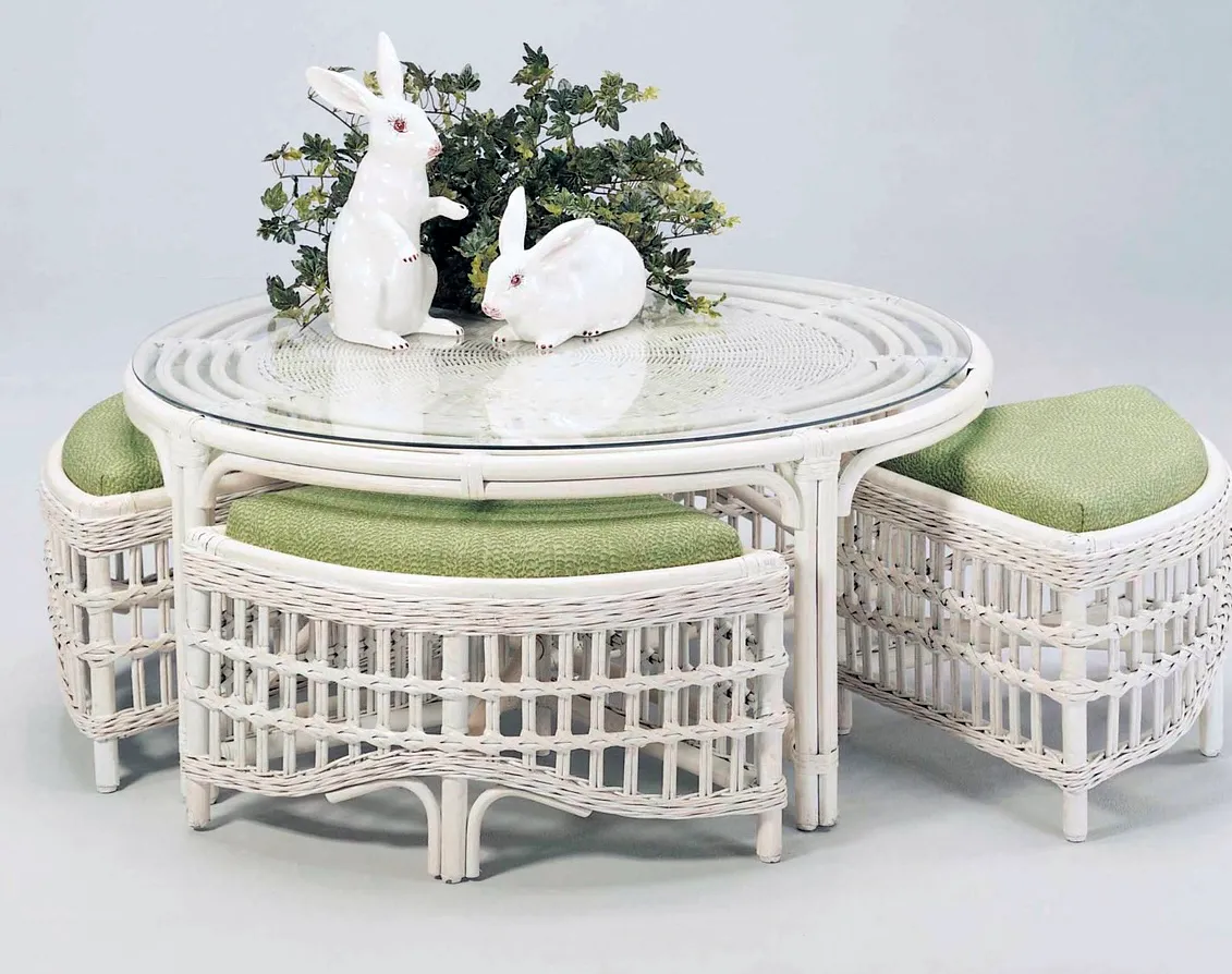 Raffles 42" Rattan Round Cocktail Table with Four Benches (+28 finishes +69 fabrics) 4 Raffles 42" Rattan Round Cocktail Table with Four Benches (+28 finishes +69 fabrics)