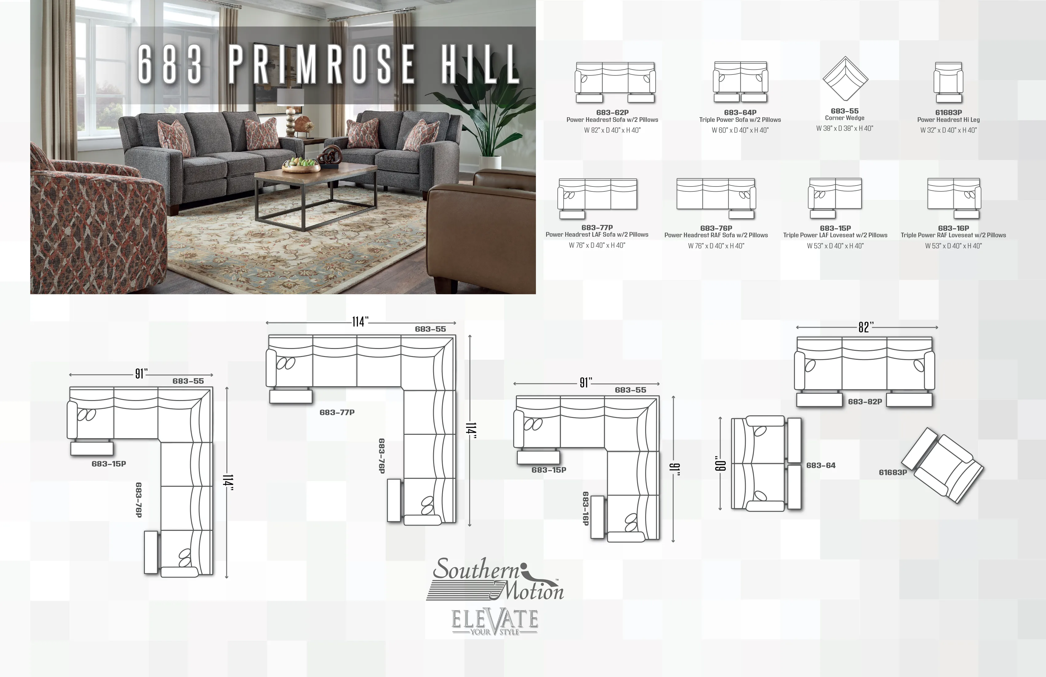 Primrose Hill 683 Power Headrest Power Reclining Sofa (82") +140 colors 6 Primrose Hill 683 Power Headrest Power Reclining Sofa (82") +140 colors