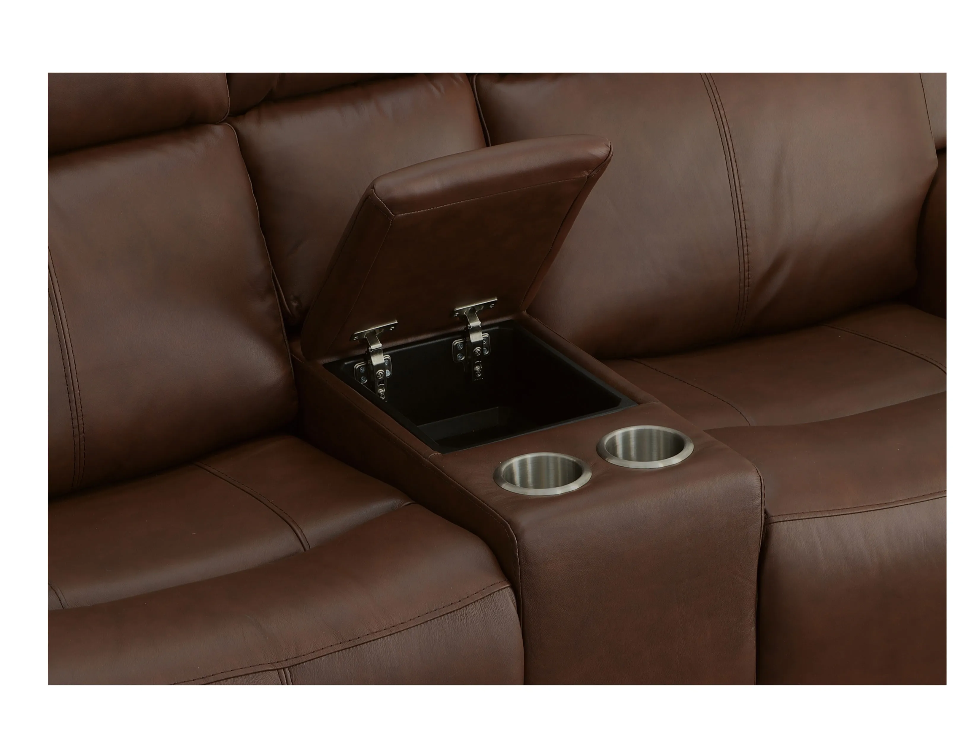 Barnett Power Reclining Loveseat with Console and Power Headrests and Lumbar (Chocolate leather) in stock 2 Barnett Power Reclining Loveseat with Console and Power Headrests and Lumbar (Chocolate leather) in stock