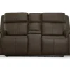 Barnett Power Reclining Loveseat with Console and Power Headrests and Lumbar (Dark Brown leather) in stock
