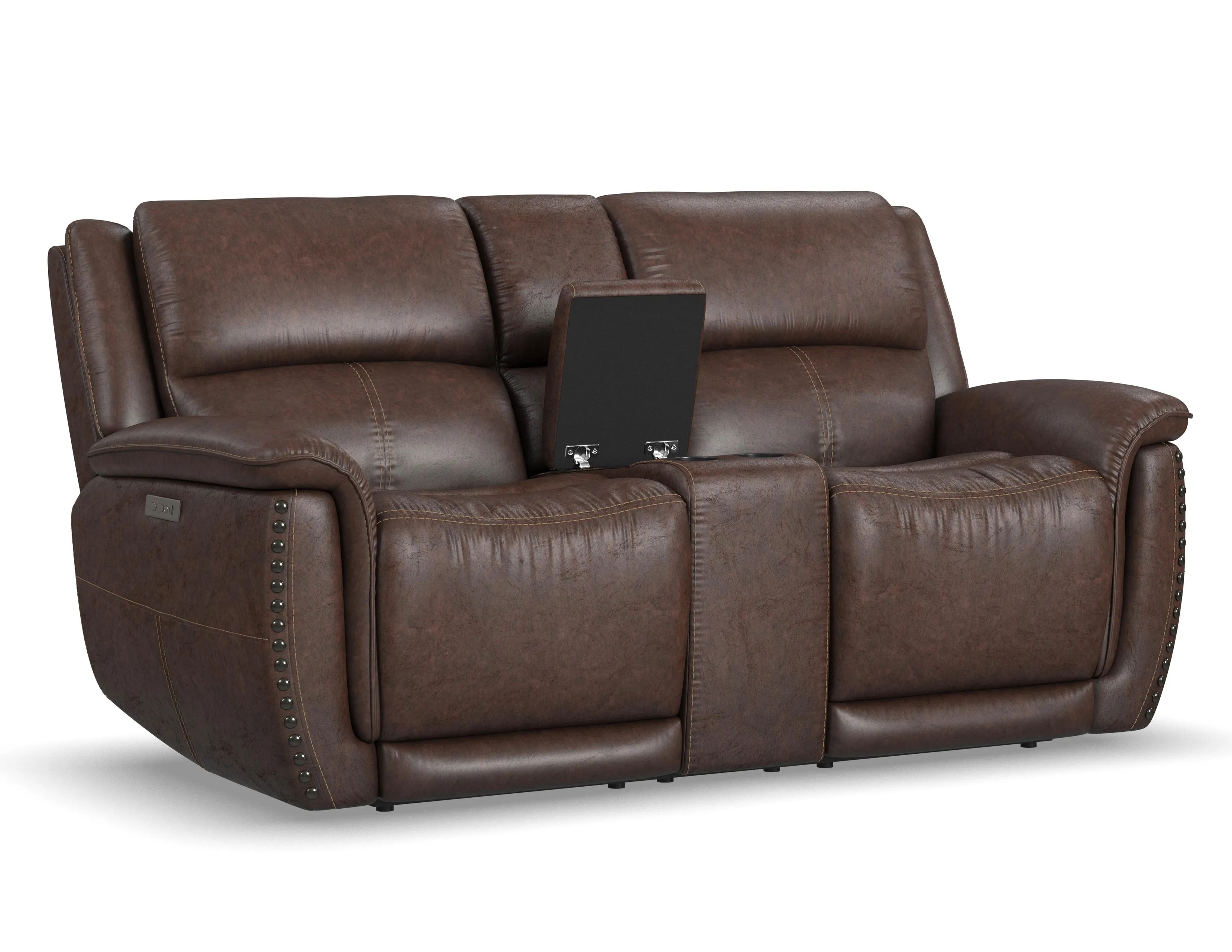 Beau 1011 Power Headrest Power Reclining Console Loveseat (Chocolate faux leather fabric) in stock 3 Beau 1011 Power Headrest Power Reclining Console Loveseat (Chocolate faux leather fabric) in stock
