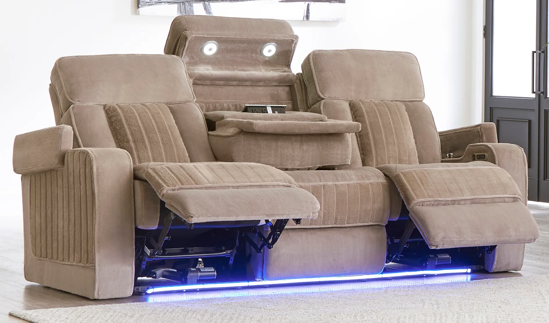 Equinox 85" Power Headrest Power Reclining Sofa w/ Drop Down Table Mushroom (In stock - Fast Shipping 2 Equinox 85" Power Headrest Power Reclining Sofa w/ Drop Down Table Mushroom (In stock - Fast Shipping