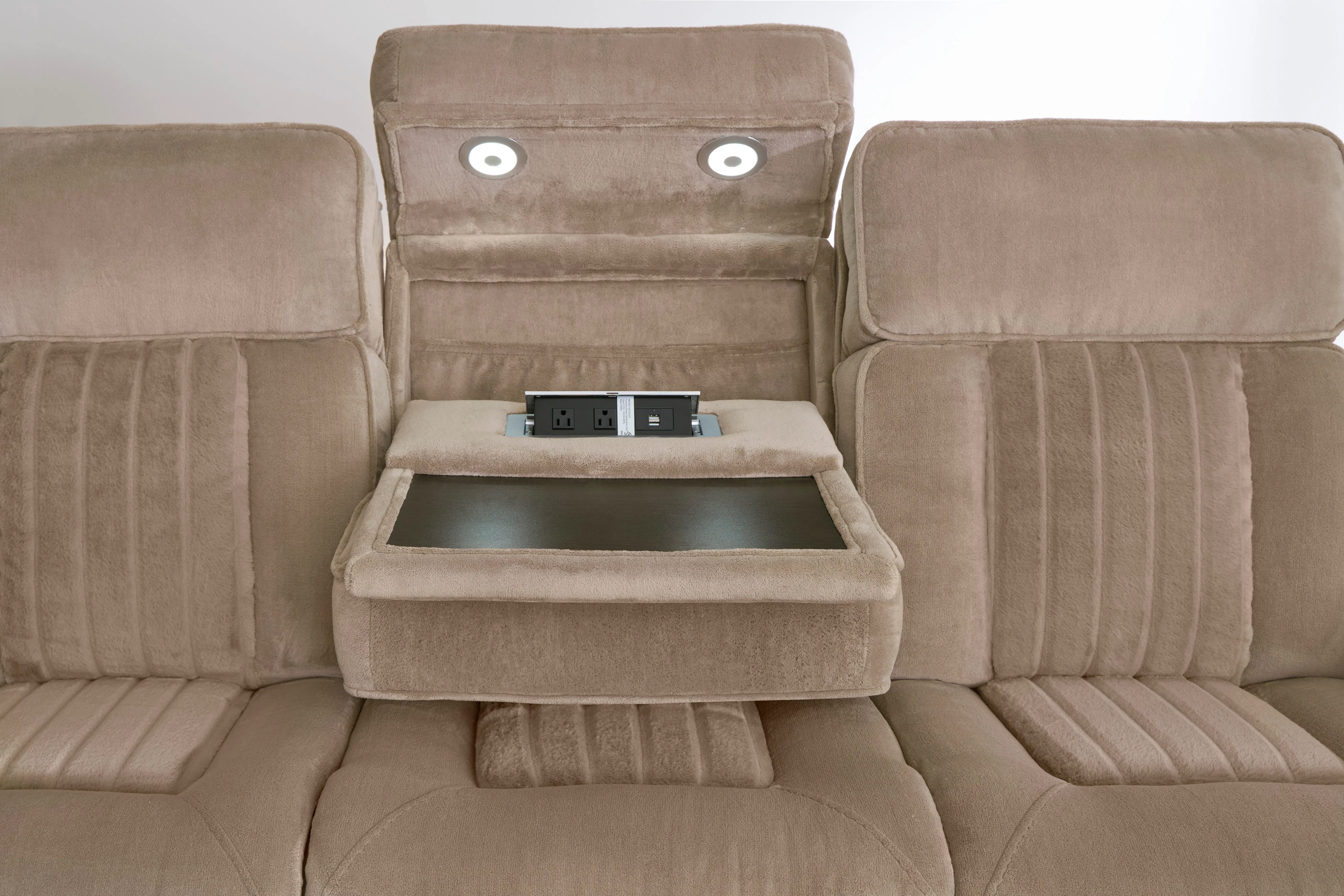 Equinox 85" Power Headrest Power Reclining Sofa w/ Drop Down Table Mushroom (In stock - Fast Shipping 3 Equinox 85" Power Headrest Power Reclining Sofa w/ Drop Down Table Mushroom (In stock - Fast Shipping