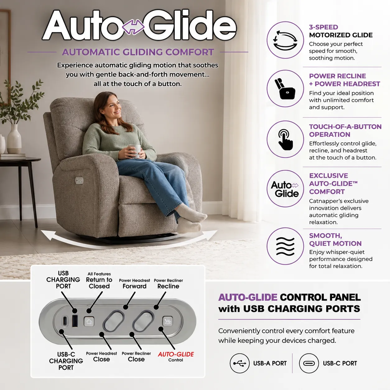 Lullaby Power Headrest Power Auto-Glide Nursery Recliner Motorized Gliding Comfort (3 colors) 24 Lullaby Power Headrest Power Auto-Glide Nursery Recliner Motorized Gliding Comfort (3 colors)