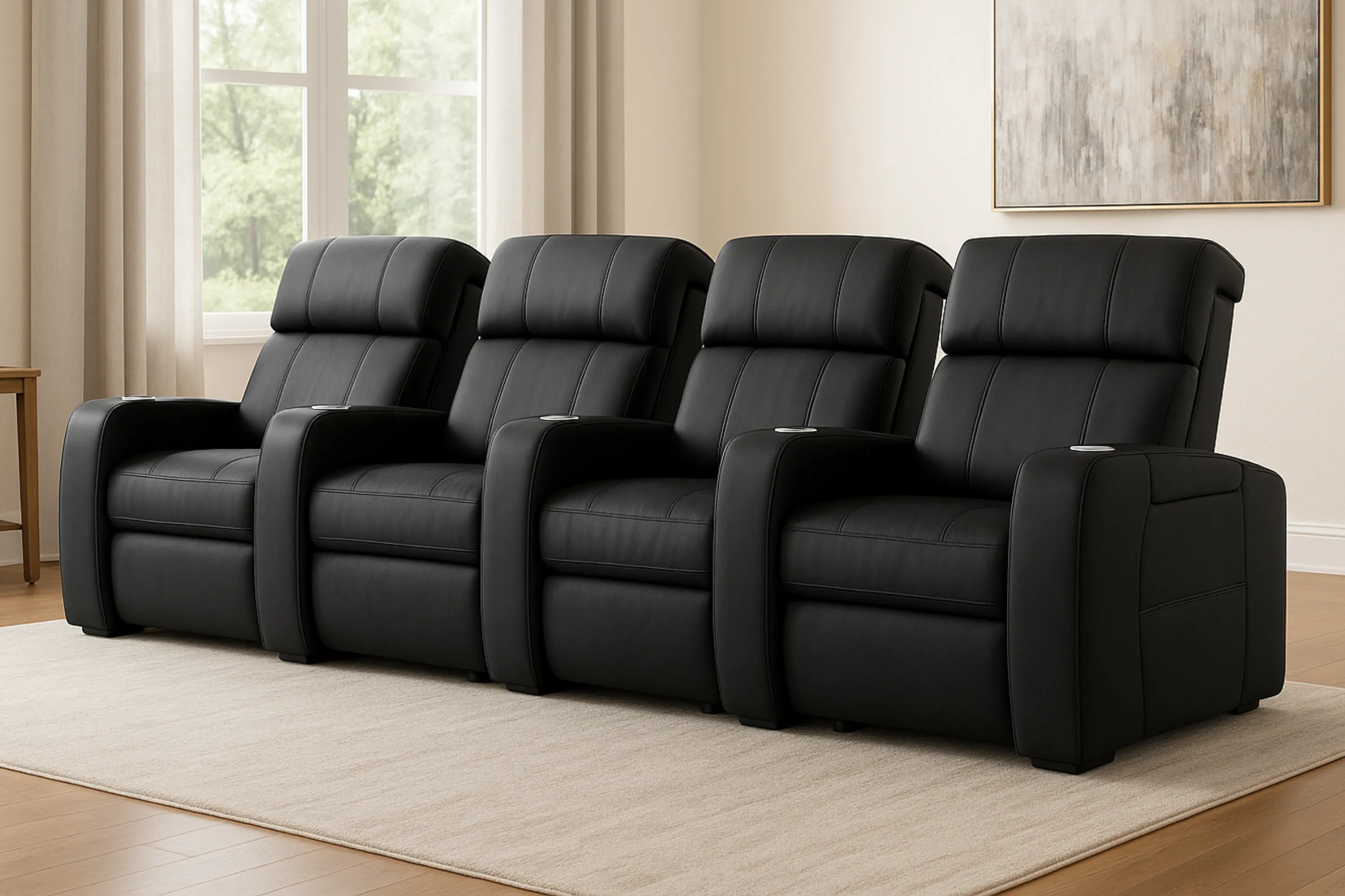 Flicks Row of 4 Power Headrest Black Leather Home Theater Seating (In Stock) 3 Flicks Row of 4 Power Headrest Black Leather Home Theater Seating (In Stock)
