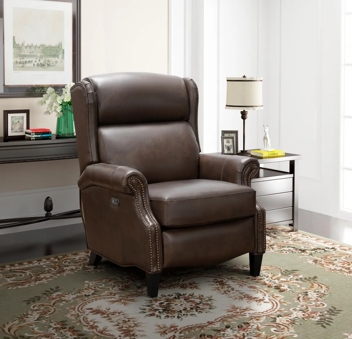 Philadelphia Leather Power Recliner w/Power Head Rest & Power Lumbar (Walnut) In stock 11 Philadelphia Leather Power Recliner w/Power Head Rest & Power Lumbar (Walnut) In stock