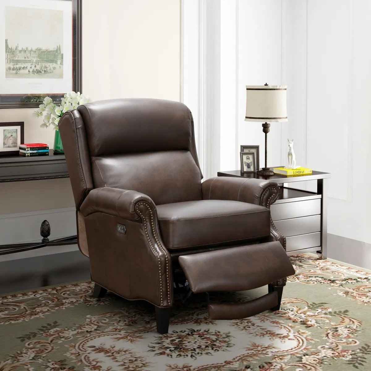 Philadelphia Leather Power Recliner w/Power Head Rest & Power Lumbar (Walnut) In stock 12 Philadelphia Leather Power Recliner w/Power Head Rest & Power Lumbar (Walnut) In stock