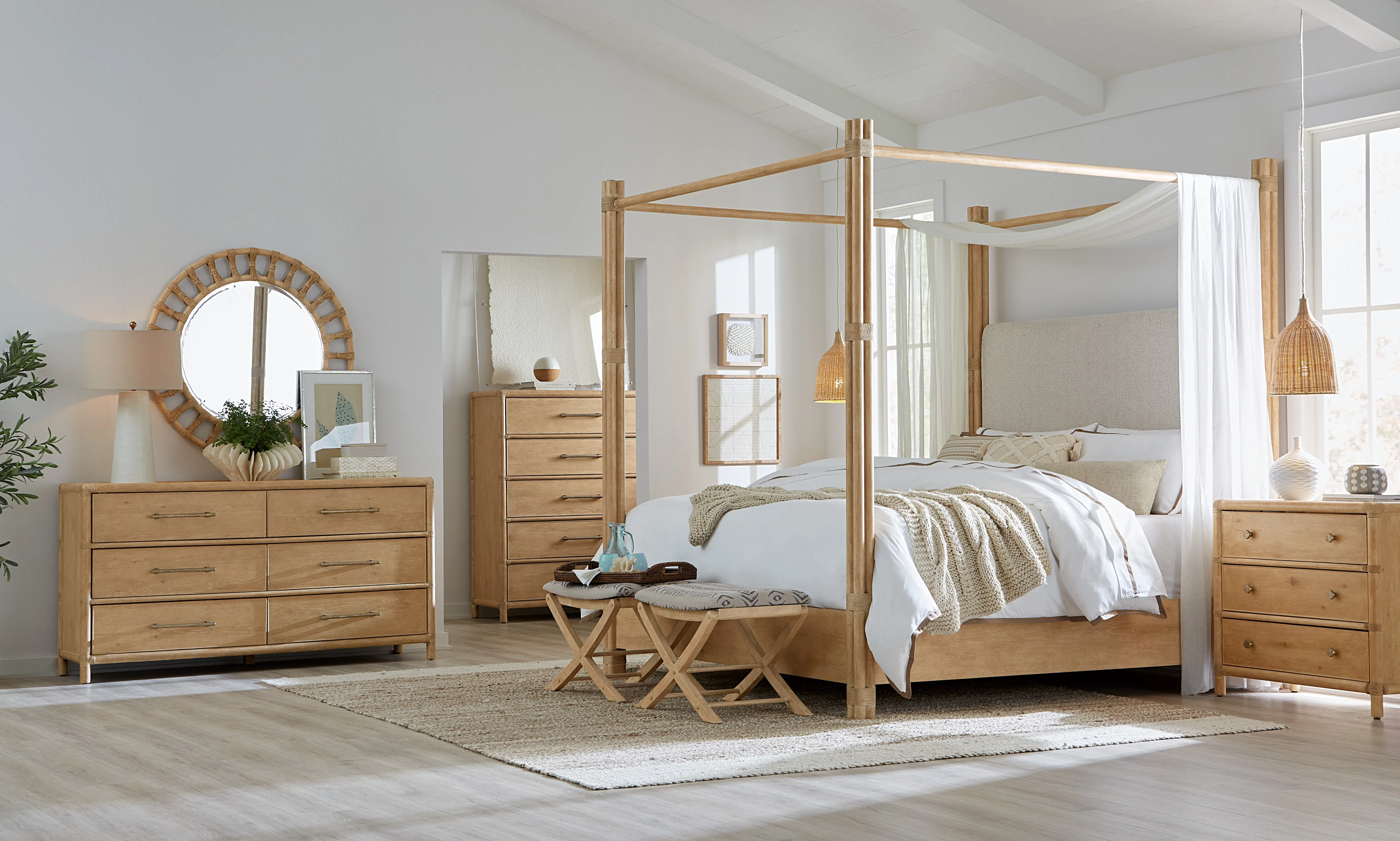 Retreat Pole Rattan King Upholstered Poster Bed w/Canopy (Light sand finish) 6950-90466-80 3 Retreat Pole Rattan King Upholstered Poster Bed w/Canopy (Light sand finish) 6950-90466-80