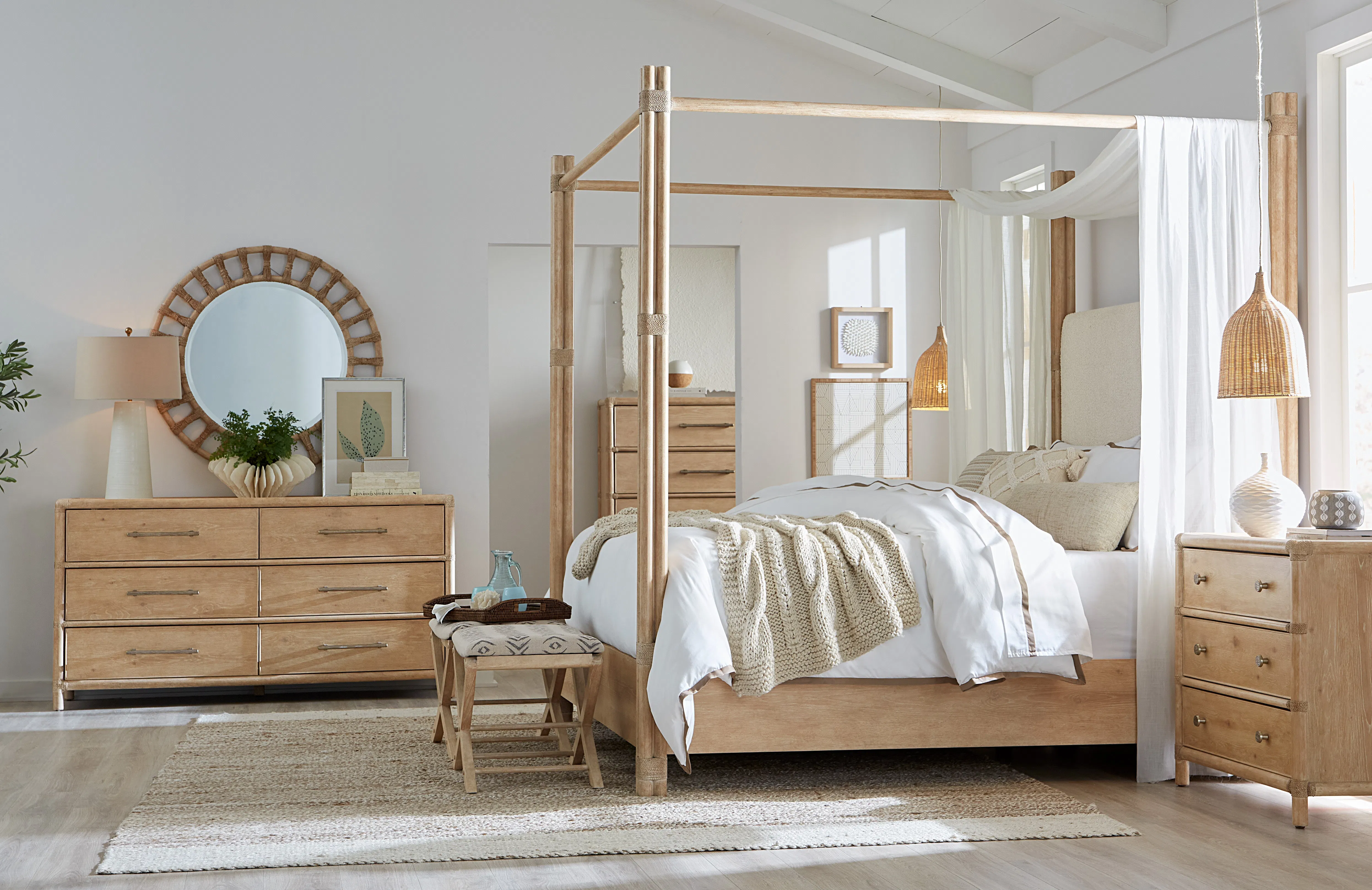 Retreat Pole Rattan King Upholstered Poster Bed w/Canopy (Light sand finish) 6950-90466-80 4 Retreat Pole Rattan King Upholstered Poster Bed w/Canopy (Light sand finish) 6950-90466-80