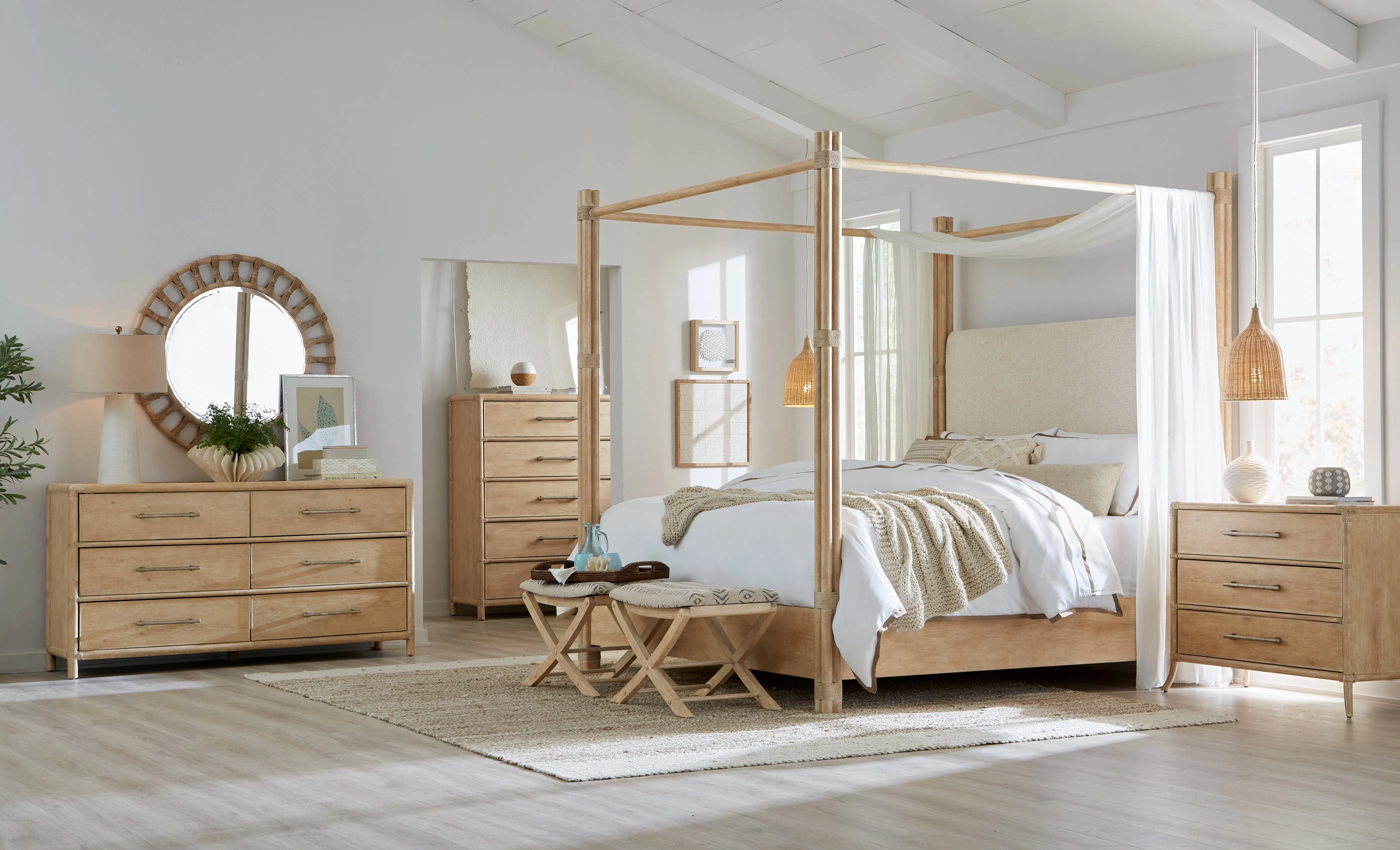 Retreat Pole Rattan King Upholstered Poster Bed w/Canopy (Light sand finish) 6950-90466-80 5 Retreat Pole Rattan King Upholstered Poster Bed w/Canopy (Light sand finish) 6950-90466-80