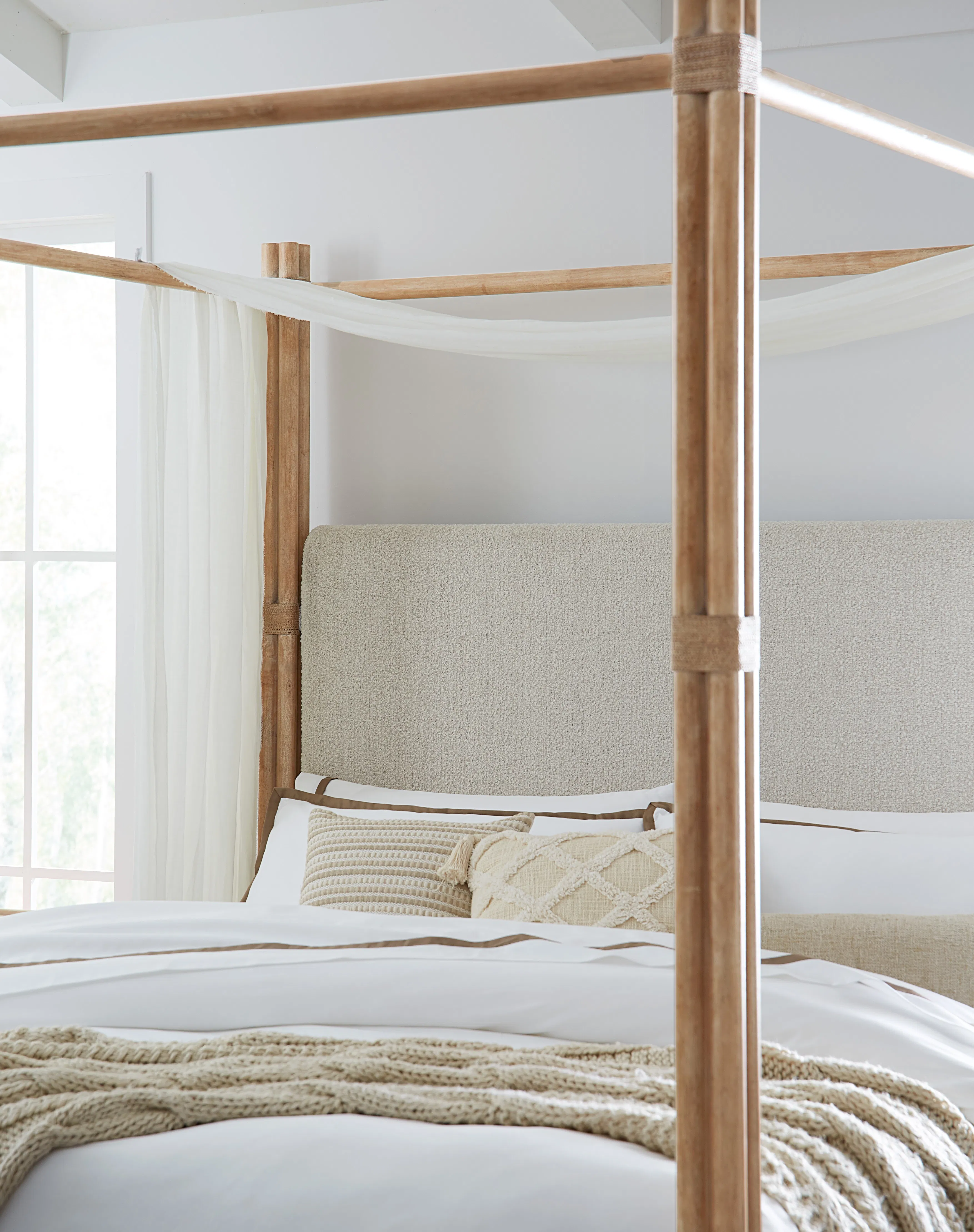 Retreat Pole Rattan King Upholstered Poster Bed w/Canopy (Light sand finish) 6950-90466-80 6 Retreat Pole Rattan King Upholstered Poster Bed w/Canopy (Light sand finish) 6950-90466-80